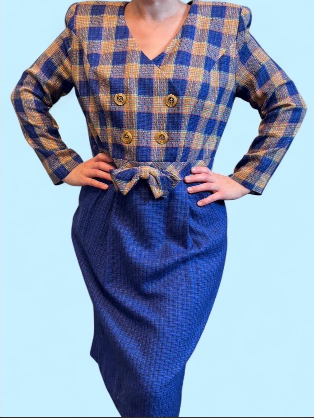 1980s Blue Plaid Wrap Dress with Belt